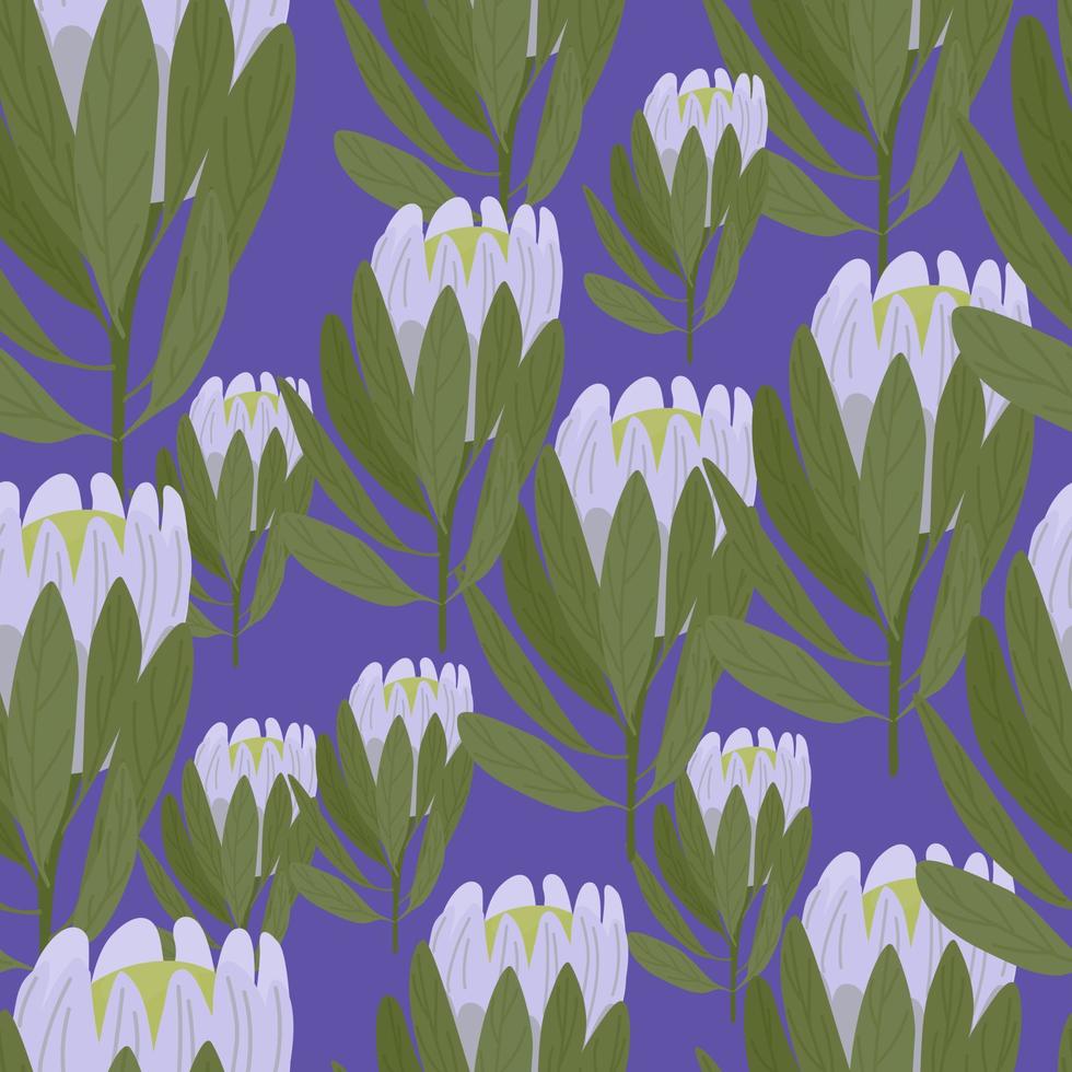 motif harmonieux de silhouettes de fleurs de protea aléatoires grises dans un style doodle. fond violet. feuilles vertes. vecteur