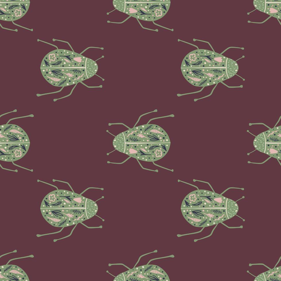 bogues verts avec motif de doodle sans couture d'ornement folklorique. impression de la faune de la nature sur fond marron. toile de fond d'insectes. vecteur