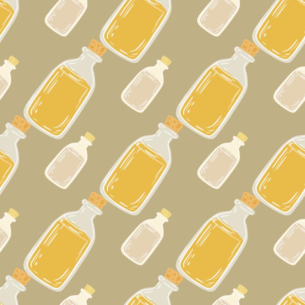 motif de doodle sans couture avec ornement de bouteille d'huile jaune. fond beige. toile de fond de la médecine saine. vecteur