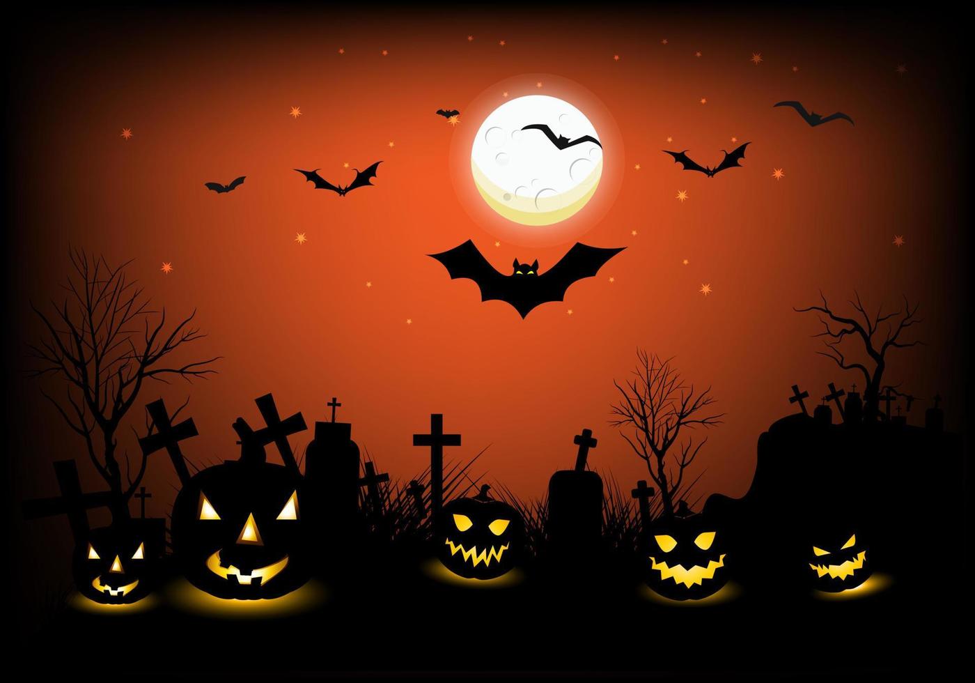 nuit d'halloween avec des citrouilles maléfiques sur une tombe étoilée dans un cimetière au clair de lune vecteur