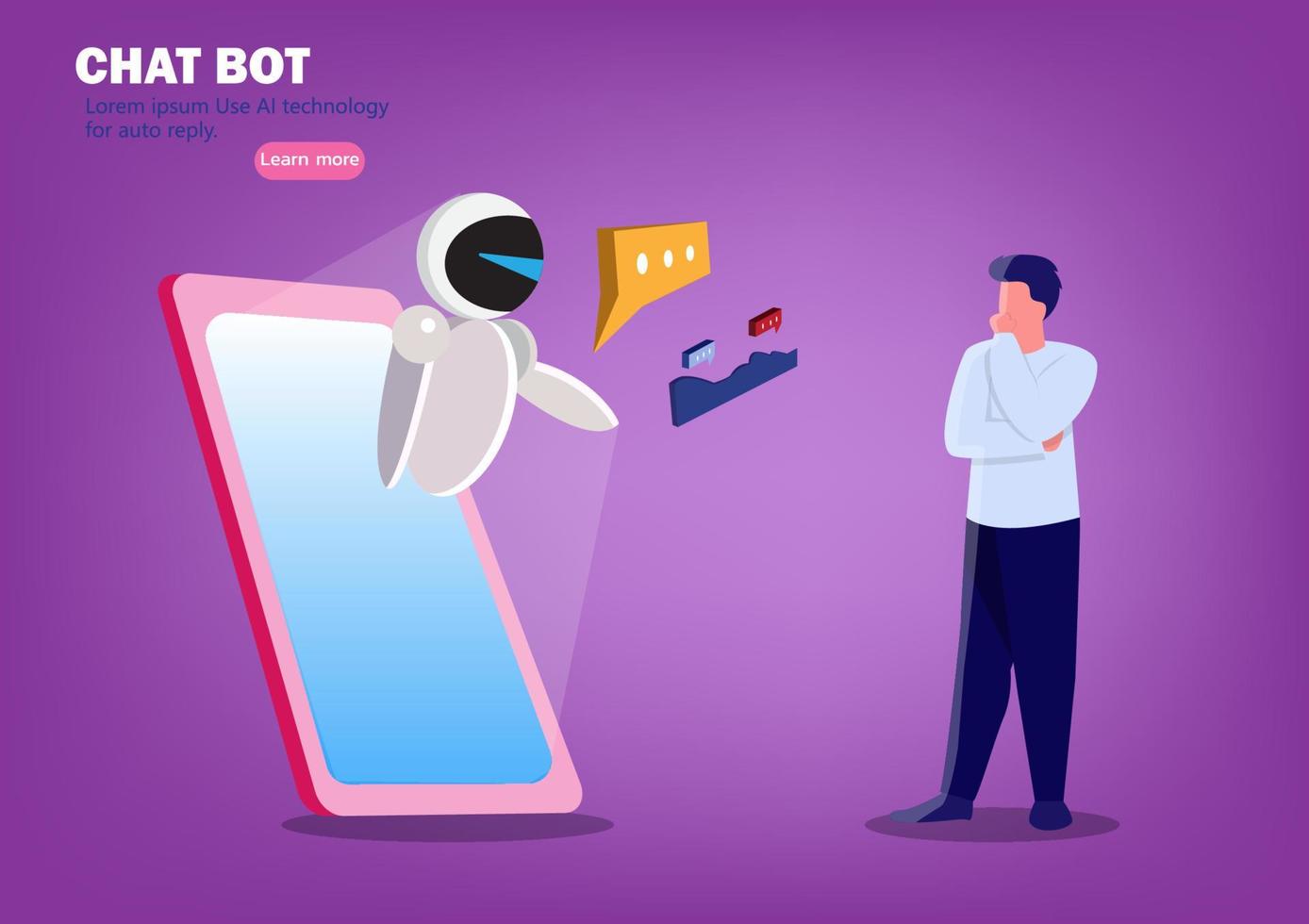 chatbots et marketing futur, concept ai et entreprise iot, homme discutant avec l'application chatbot. illustration vectorielle de support de dialogue vecteur