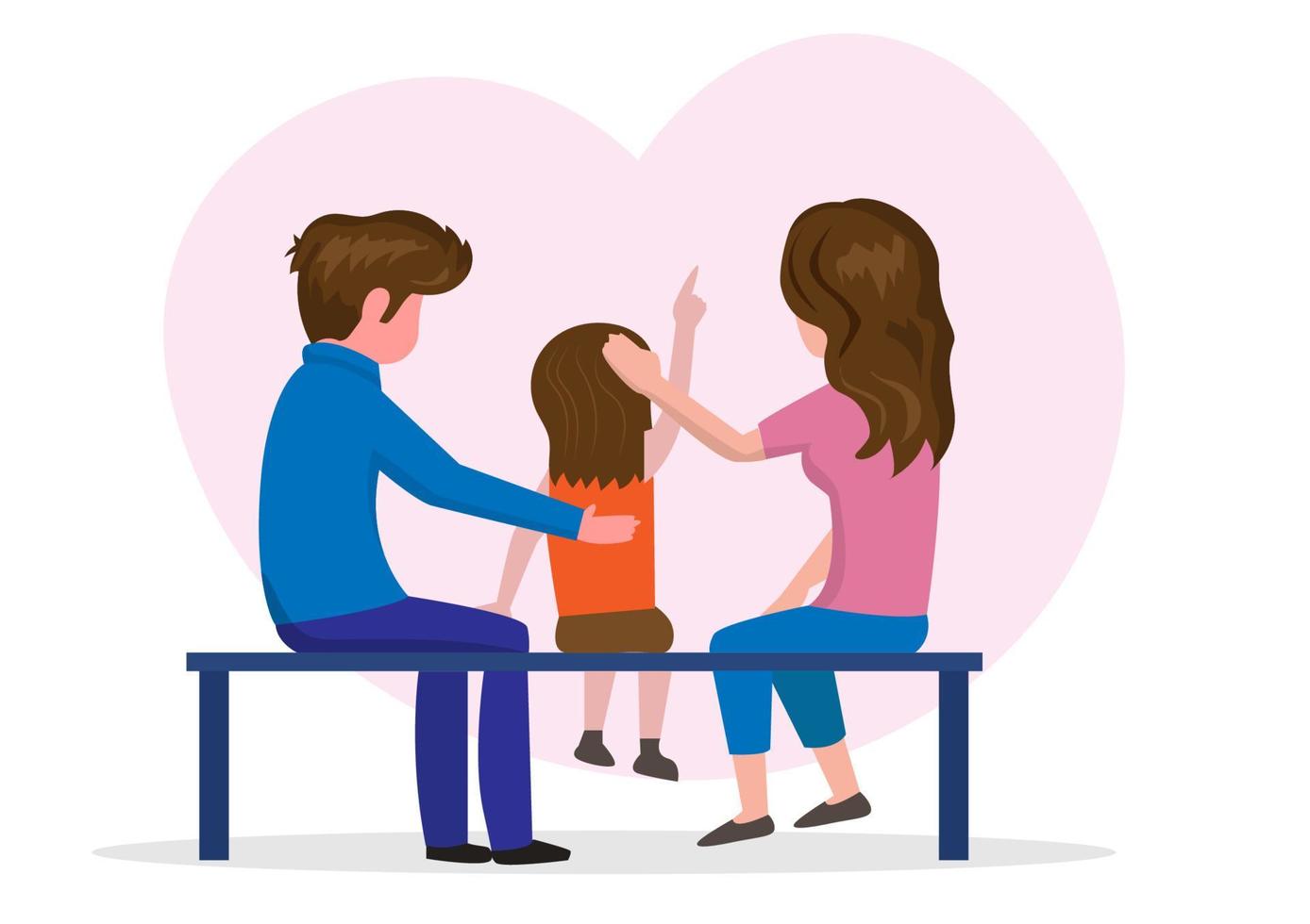 famille chaleureuse parents et enfants assis ensemble sur des chaises mari et femme avec fille l'image de fond est un coeur rose. illustration vectorielle de style plat dessin animé vecteur