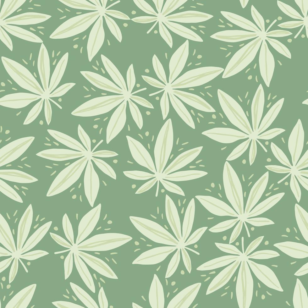 motif harmonieux aléatoire avec des feuilles de marijuana. éléments de drogue de couleur claire sur fond vert pastel. vecteur