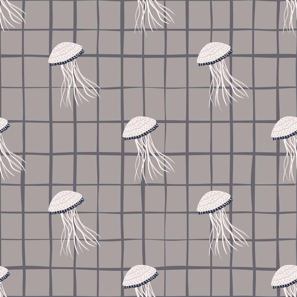 modèle sans couture avec des éléments de méduses doodle. ornement animalier marin diagonal sur fond quadrillé gris. vecteur