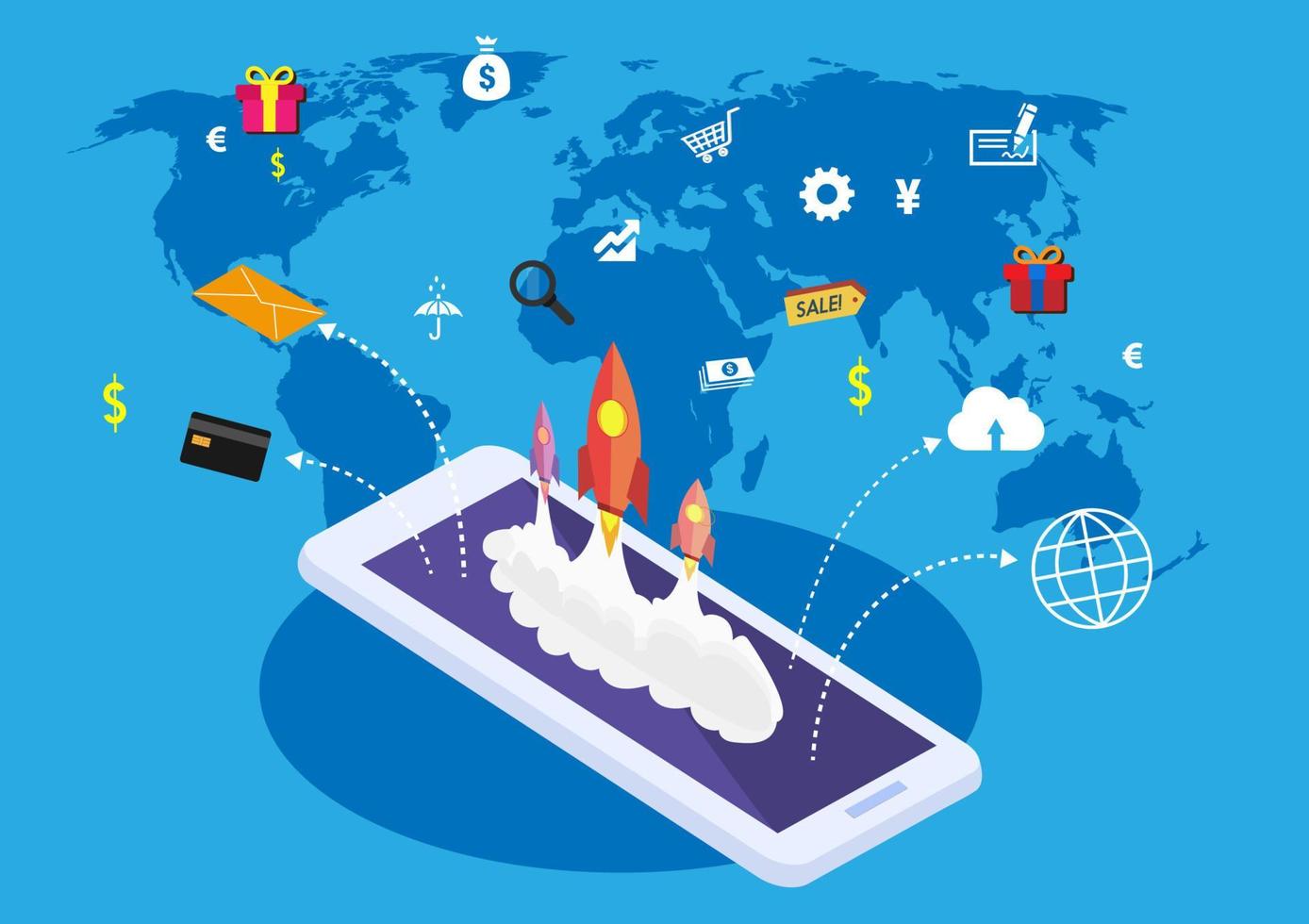 une technologie de classe mondiale et une connectivité mondiale pour discuter, acheter et partager du contenu. jeu d'icônes colorées illustration vectorielle plane isolée vecteur