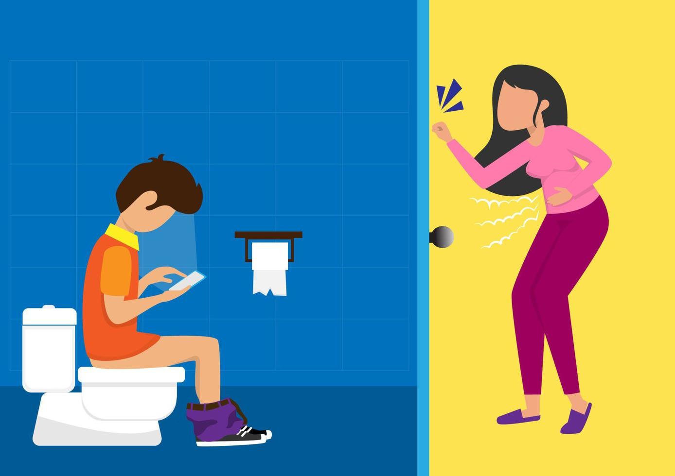 un homme assis sur les toilettes avec un téléphone portable une femme qui attend à la porte, elle a dû faire pipi, mais la salle de bain est fermée. vecteur d'illustration de dessin animé de style plat