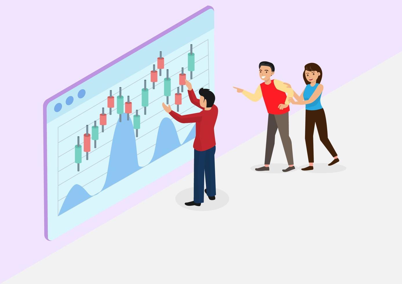 bannière d'analyse des investissements dans un style plat enseignant la littératie financière. les professionnels montrent des graphiques de profit. investissement pour le vecteur d'illustration de dessin animé de style plat débutants