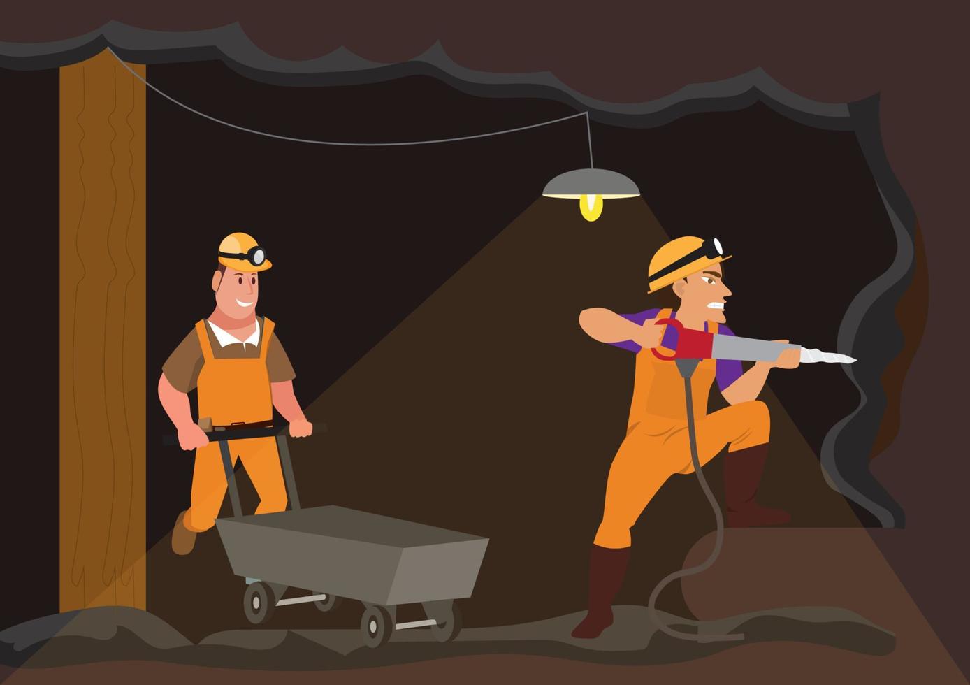 des hommes en uniforme travaillent dans des mines souterraines de charbon. vecteur d'illustration de dessin animé de style plat