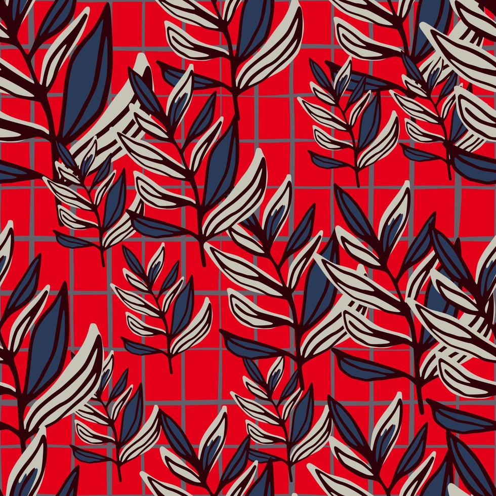 motif harmonieux floral lumineux aléatoire avec des branches. fond quadrillé rouge avec feuilles bleu marine et gris. vecteur