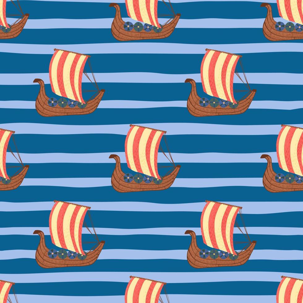 le bateau de couleur rouge vif forme un motif de doodle sans couture. fond rayé bleu. toile de fond de l'océan. vecteur