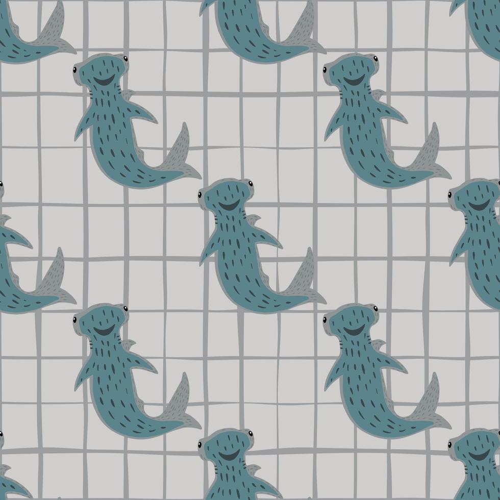 modèle sans couture avec des éléments de requins-marteaux sous-marins de couleur turquoise. fond quadrillé gris. vecteur