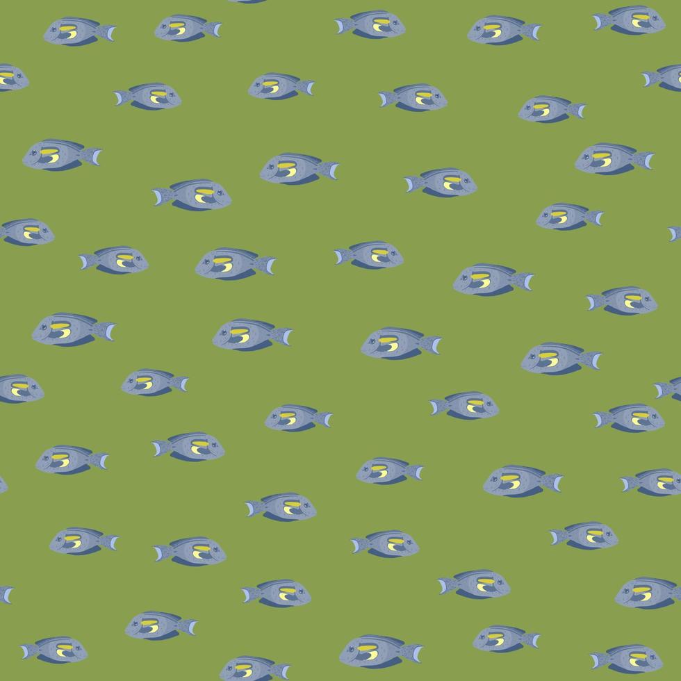 motif sans couture dans le style de la faune sous-marine avec petit imprimé bleu de poisson chirurgien aléatoire. fond vert. vecteur