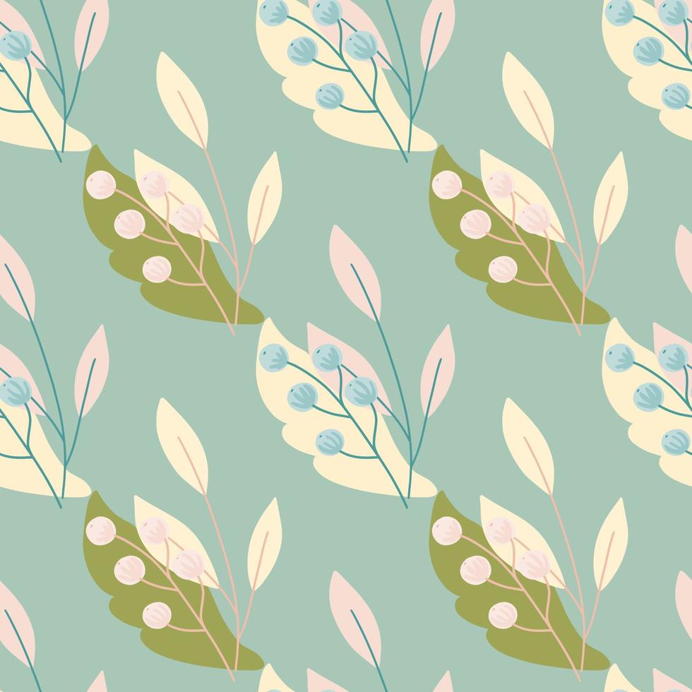 feuilles vertes et baies pastel rowan impriment un motif sans couture dans un style vintage. fond bleu. vecteur