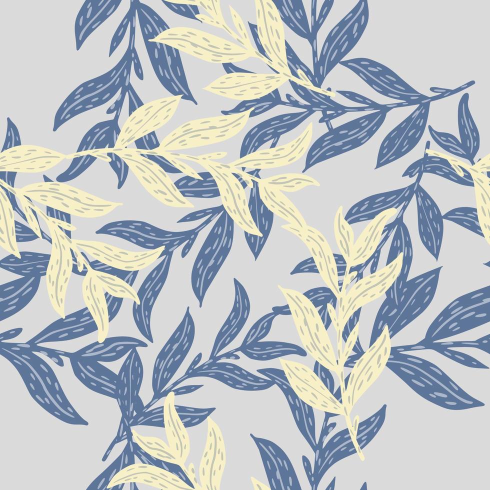 motif harmonieux abstrait avec imprimé aléatoire de branches de feuilles bleu marine et jaune clair. vecteur