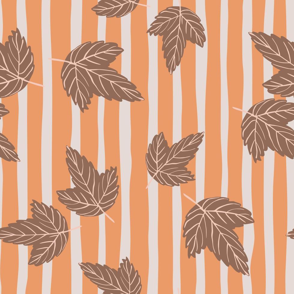 motif d'automne aléatoire sans couture avec des silhouettes de feuilles brunes. corail rayé et fond gris. vecteur