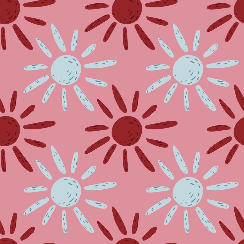 motif géométrique abstrait sans couture avec des formes soleil rouge et bleu clair. fond rose. vecteur