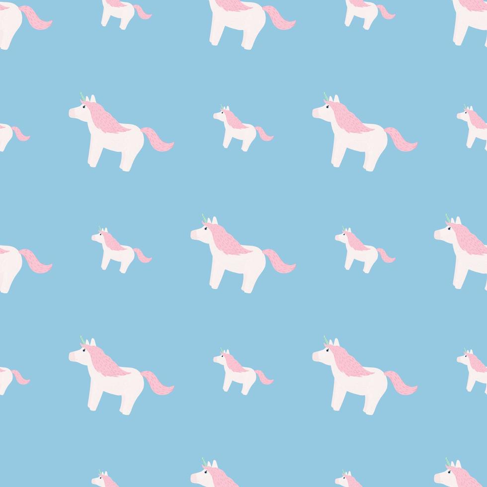 motif de doodle sans couture bébé doux avec ornement de licorne. éléments de poney mignon de couleur blanche et rose sur fond bleu. vecteur
