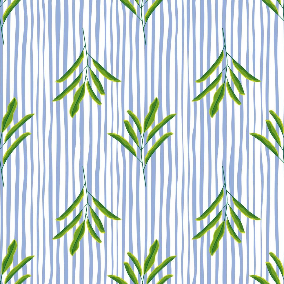 modèle sans couture botanique avec des branches de feuilles minimalistes vertes simples. fond rayé bleu et blanc. vecteur