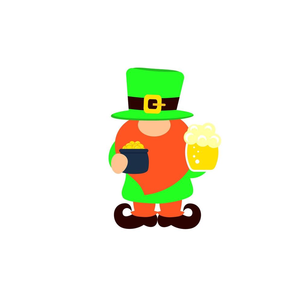 gnome drôle avec pot d'or, chope de bière, chapeau vert. homme irlandais. concept de la Saint-Patrick. illustration vectorielle isolée. pour la carte de voeux, la conception d'affiches, l'impression de t-shirt, l'autocollant vecteur