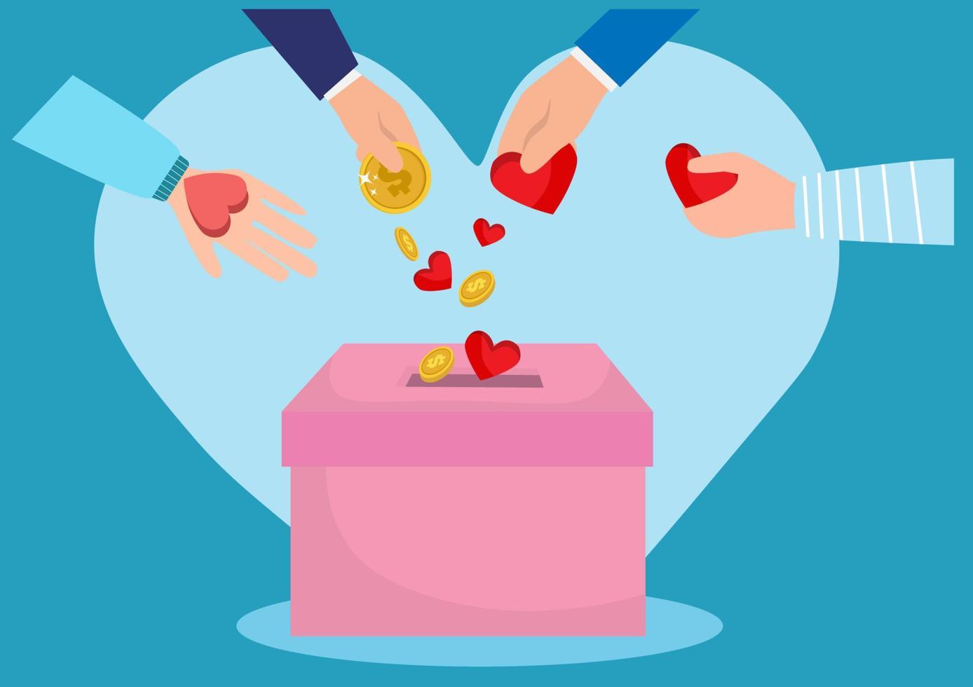 main mettre de l'argent pièce de monnaie et symbole de coeur dans une illustration de boîte de charité pour la conception de concept de soins humains de don vecteur