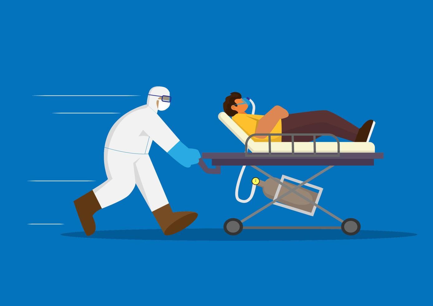 le personnel en robe d'epi avec le patient covid-19 déplace le lit d'urgence vers le style plat médical icu, illustration. vecteur