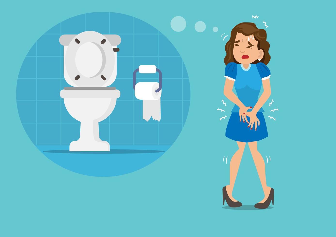 la femme avait mal au ventre, devait uriner et déféquer, mais la salle de bain était loin. en conséquence, elle souffre de diarrhée ou de constipation. notion d'hygiène. illustration vectorielle de style plat dessin animé vecteur