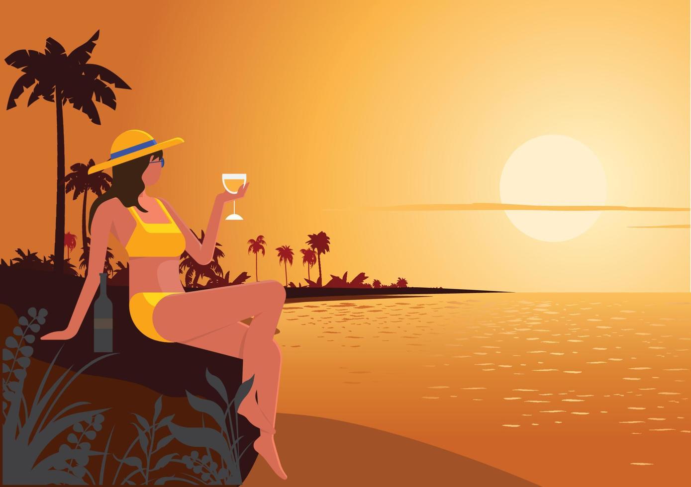 une jeune femme regardant le coucher de soleil au bord de la mer au milieu d'une belle soirée avec un verre seul. vecteur d'illustration de dessin animé de style plat
