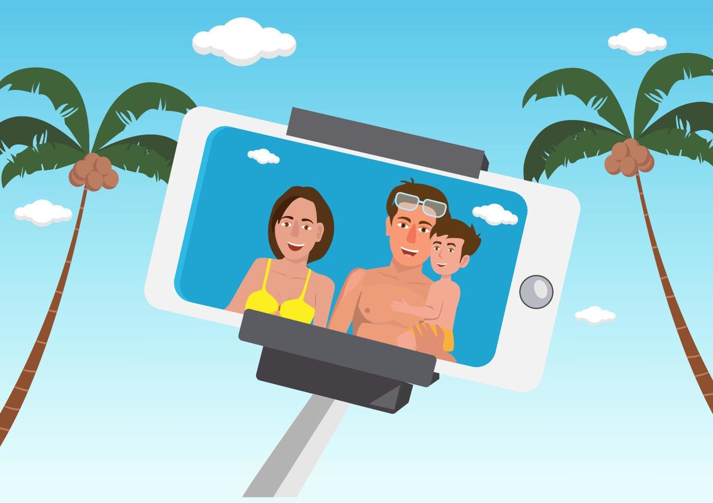 famille, parents, enfants, heureux, ils prennent des selfies photoshoot sur la plage vacances d'été plage vacances en famille style plat dessin animé illustration vectorielle vecteur