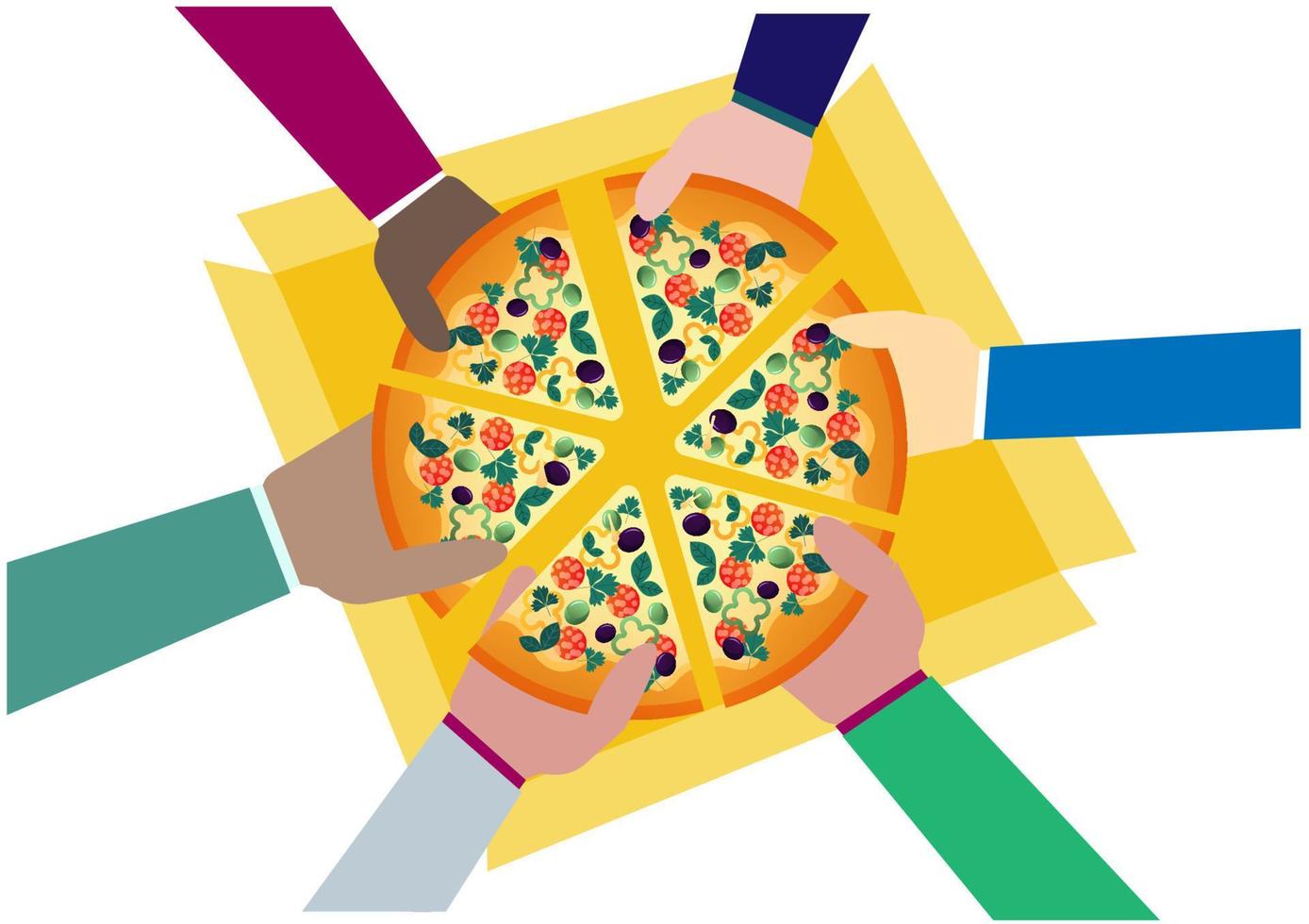 des gens de différentes races mangent ensemble. et partagez une grosse tranche de pizza à partir d'une illustration vectorielle vue de dessus. vecteur