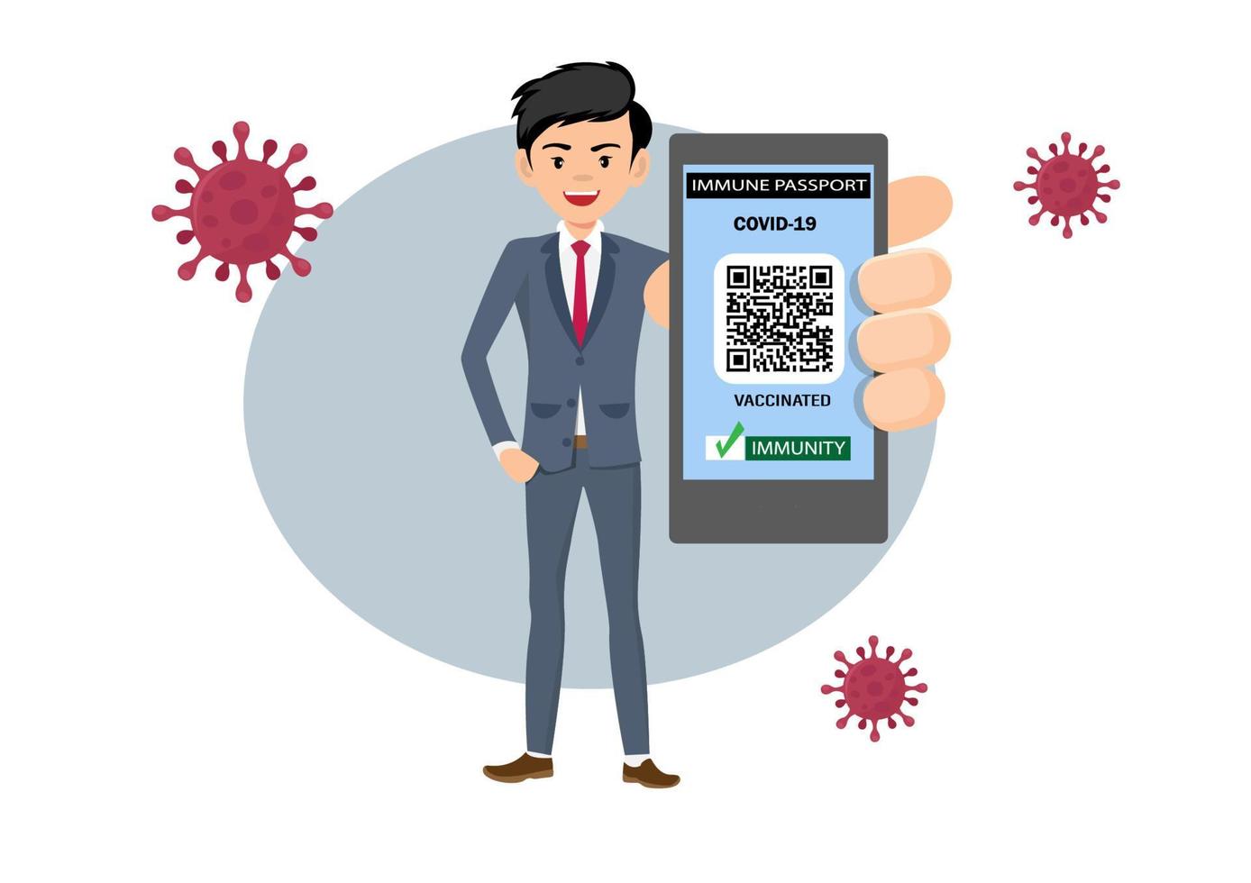 liberté de mouvement le passeport de santé électronique dans l'application sur l'écran du téléphone portable de l'homme d'affaires a un code qr pour le droit de voler. vecteur d'illustration de dessin animé de style plat.