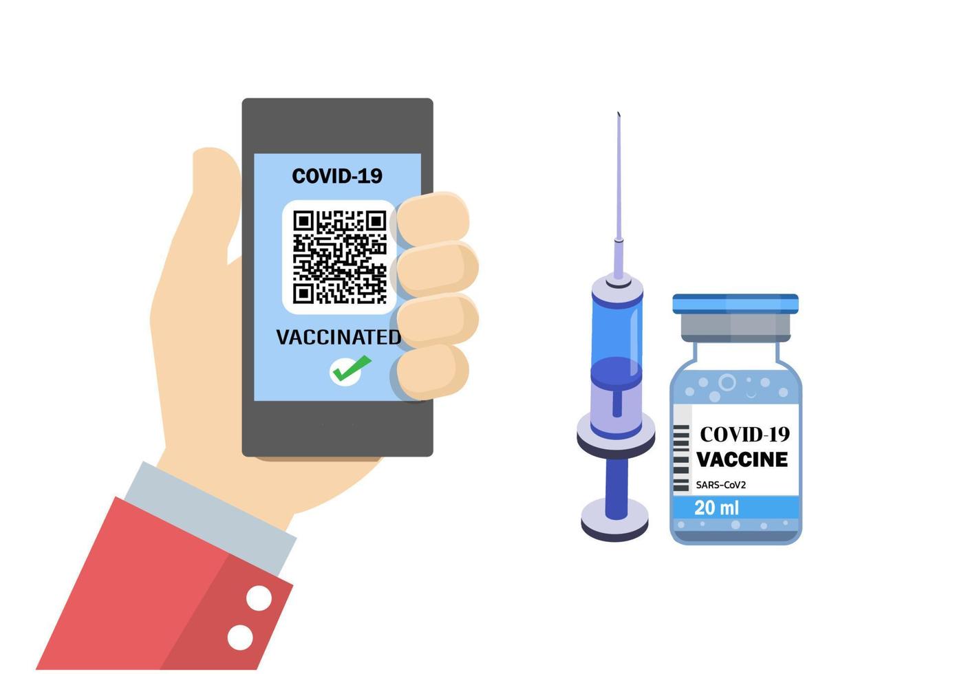 écran de smartphone avec code qr, passeport électronique d'immunité avec vaccination covid-19. vecteur d'illustration de dessin animé de style plat