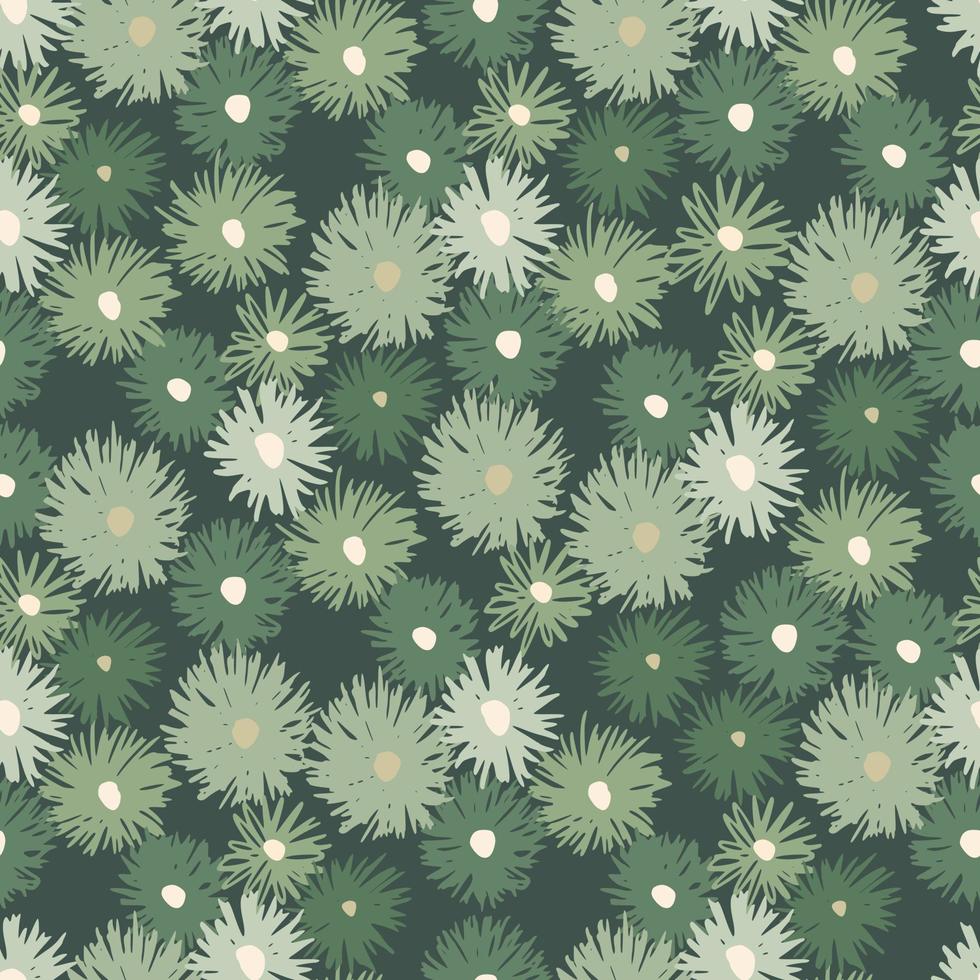 motif floral harmonieux d'éléments de chrysanthème. fond gris foncé avec des fleurs situées au hasard dans des tons verts. vecteur