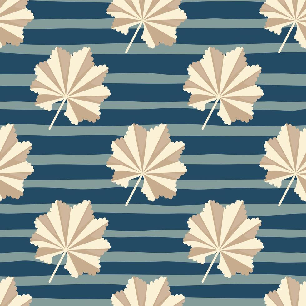 motif de doodle sans soudure d'éléments de feuilles exotiques abstraits beiges. fond rayé bleu marine et gris. vecteur