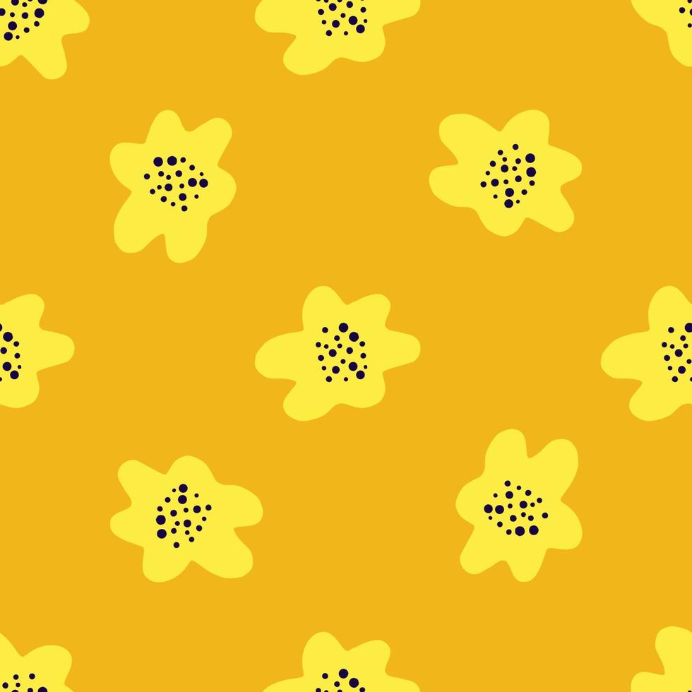 motif de doodle sans couture de silhouettes de fleurs simples jaunes. fond orangé. toile de fond botanique de la nature. vecteur