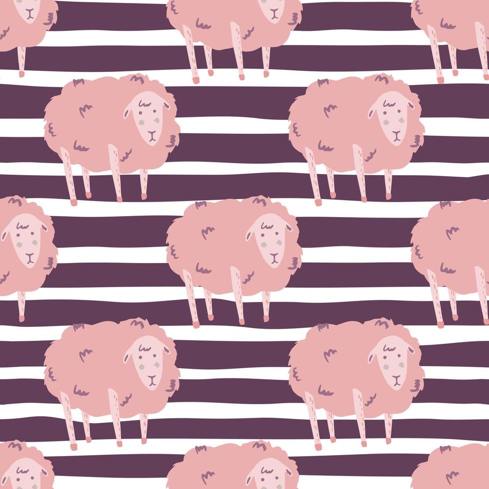 moutons moelleux de couleur rose ornement motif de doodle sans couture. imprimé animal stylisé avec fond rayé violet et blanc. vecteur