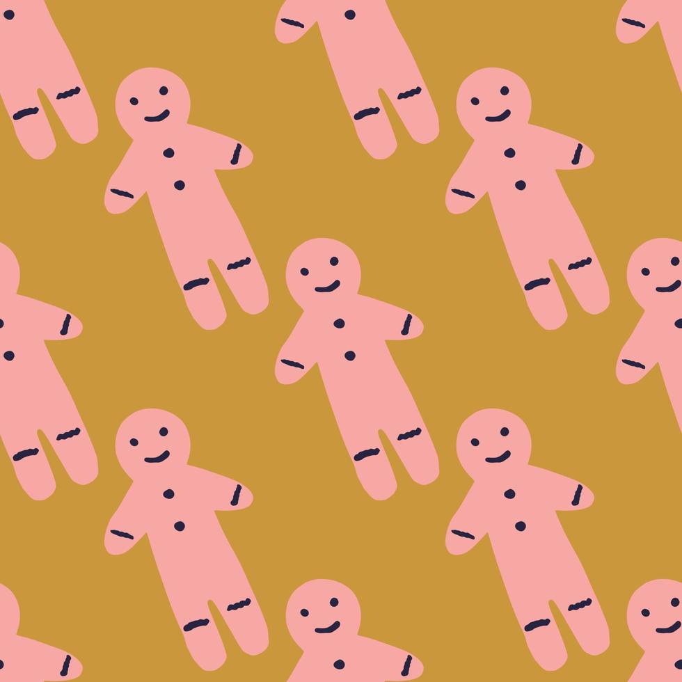 motif de doodle sans couture de biscuit de pain d'épice rose. délicieux ornement savoureux dessiné à la main sur fond orange pâle. vecteur