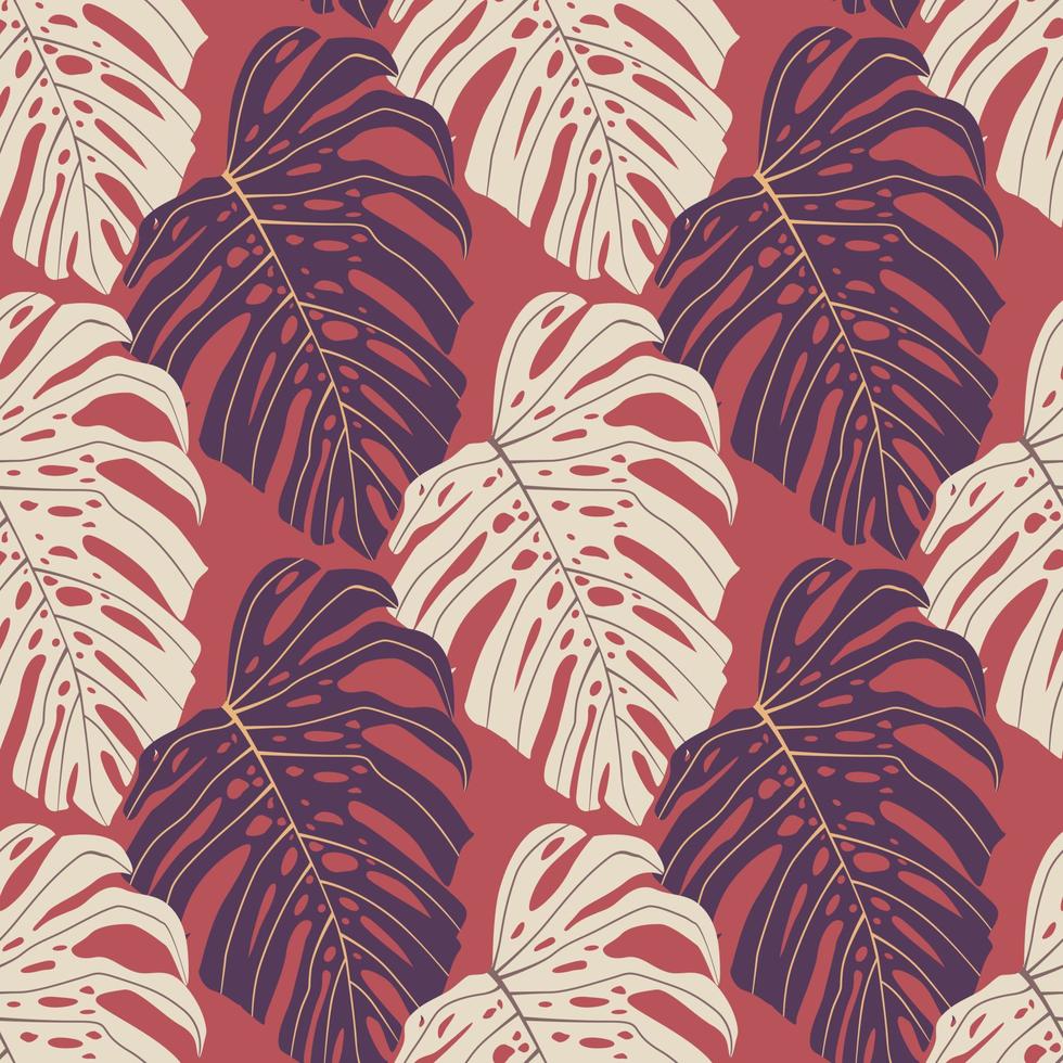 motif de nature sans couture de dessin animé avec un simple ornement de monstera clair et violet. fond rose. vecteur