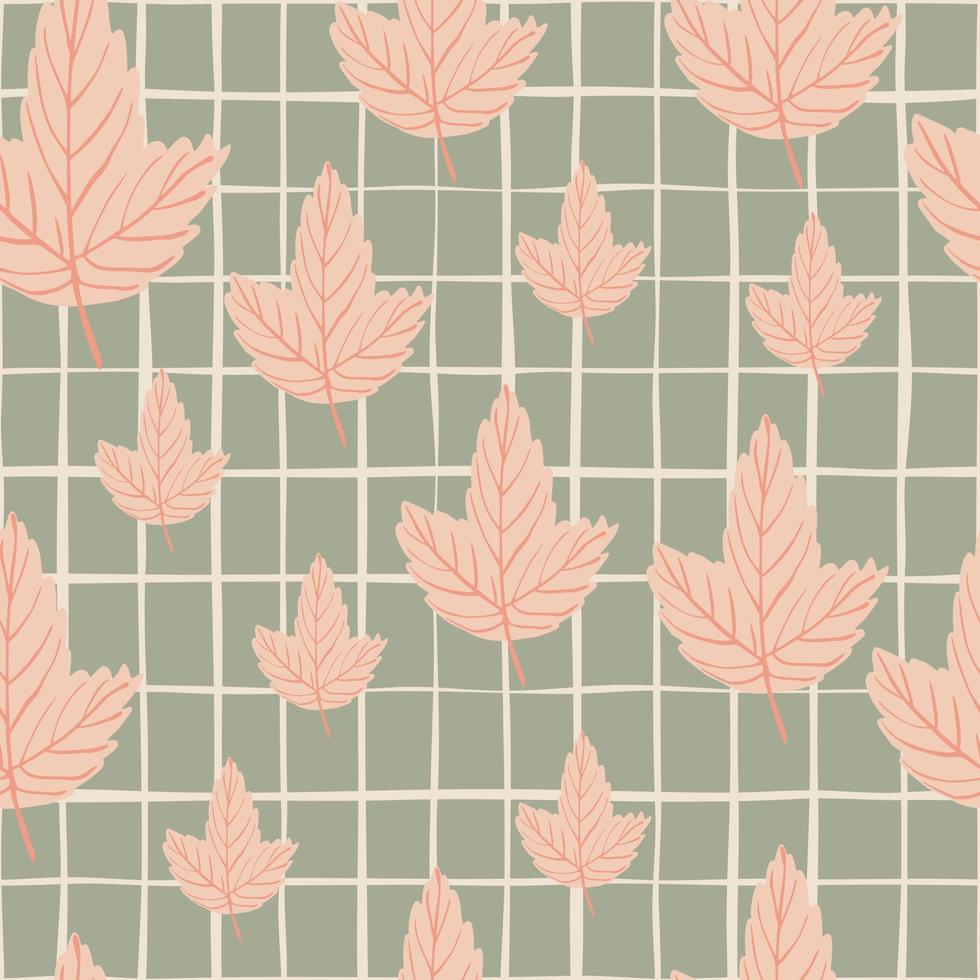 motif de doodle sans couture aléatoire avec des silhouettes de feuilles rose pastel. fond gris avec chèque. vecteur