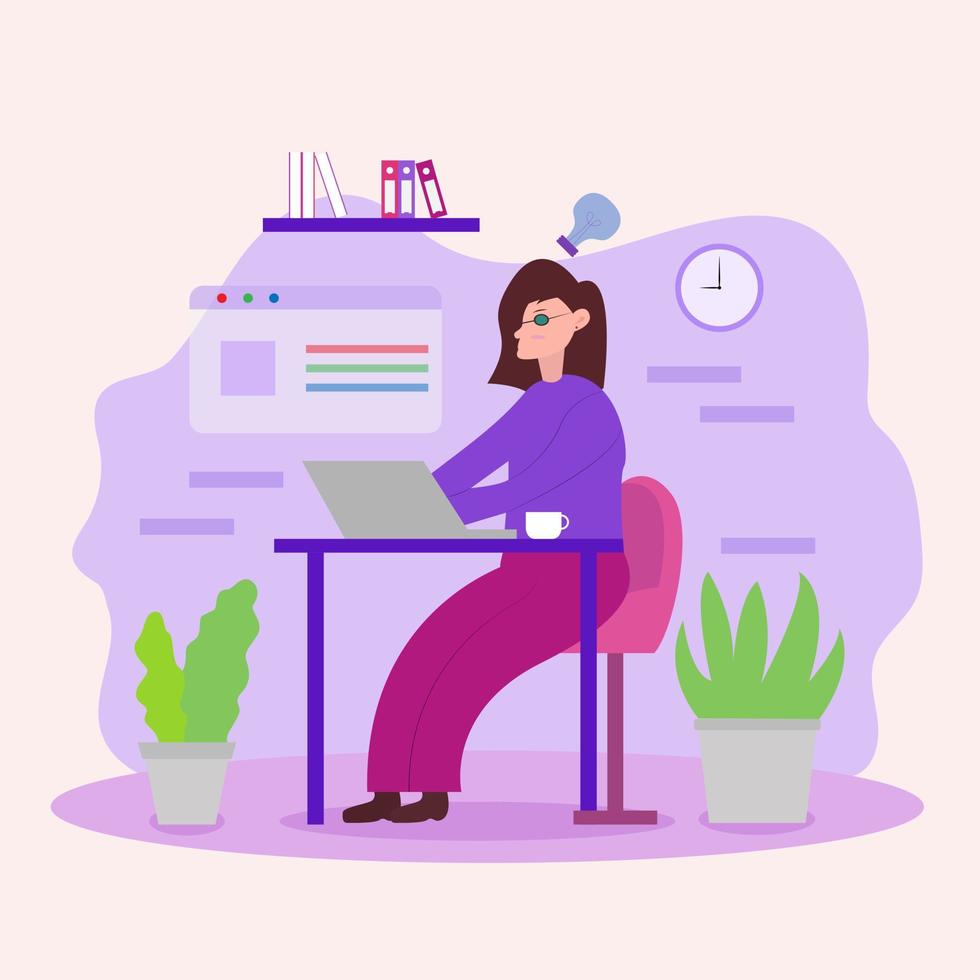 illustration vectorielle conception de femme travaillant sur ordinateur portable vecteur