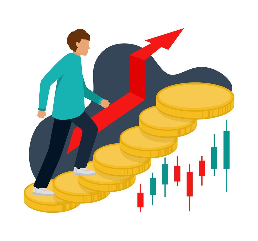 le trader monte dans les charts. trading, cotations, actions, concept d'investissement. illustration vectorielle de dessin animé plat vecteur