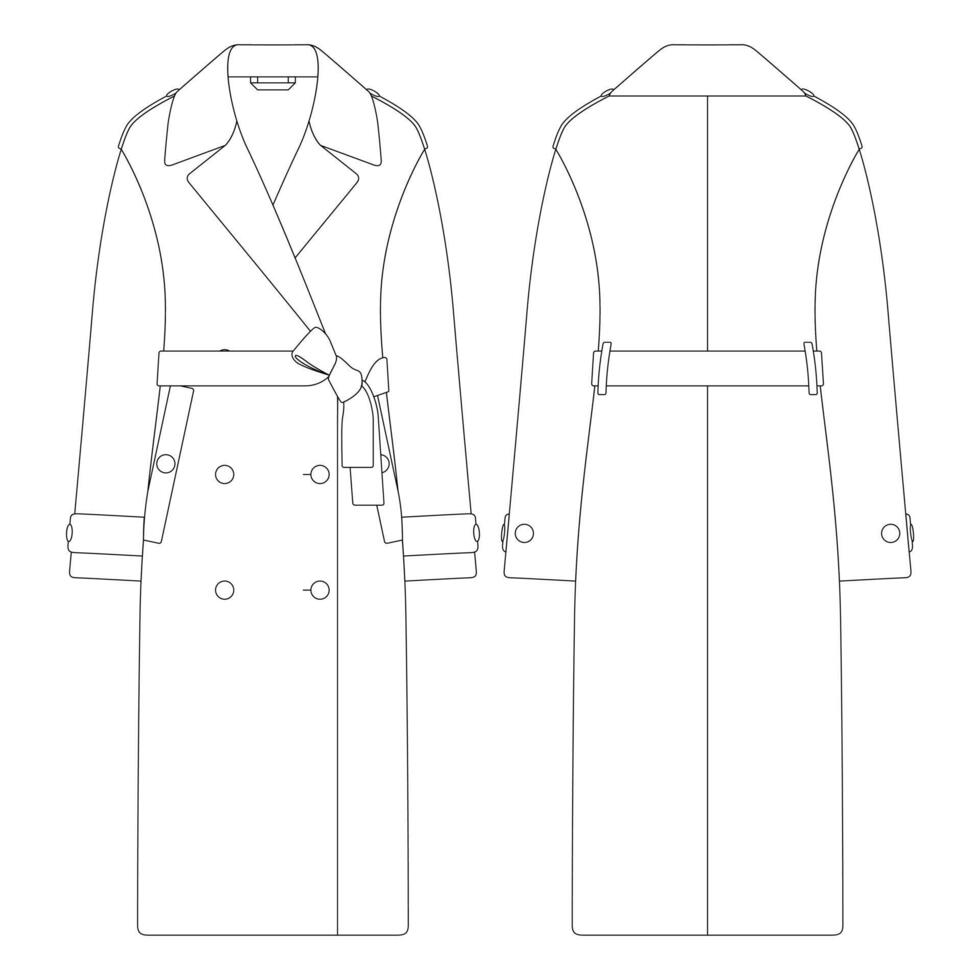 modèle femmes double boutonnage trench-coat illustration vectorielle conception plate contour vêtements collection vêtements d'extérieur vecteur