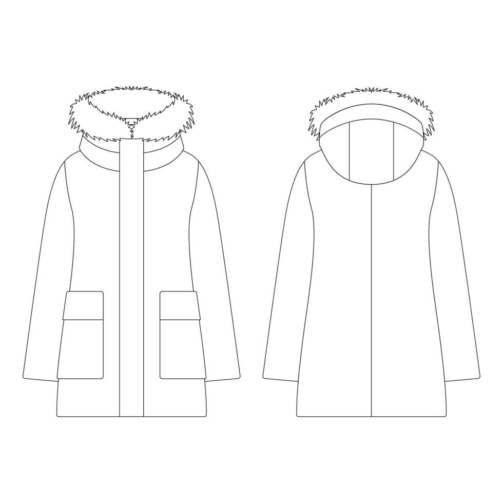 modèle femmes vers le bas court manteau de fourrure illustration vectorielle conception plate contour vêtements collection vêtements d'extérieur vecteur