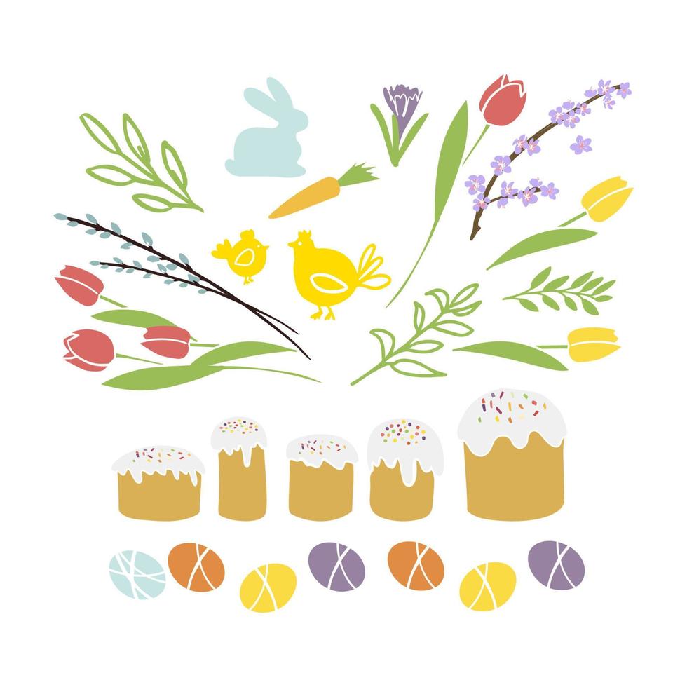 illustration vectorielle ensemble d'éléments de conception collection de symboles traditionnels de pâques - gâteau de pâques et oeuf, fleurs de printemps carte de voeux joyeuses pâques en couleur pastel vecteur