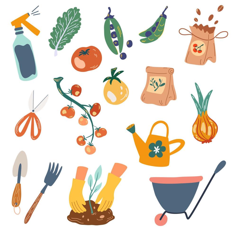 jardinage. outils d'éléments de travail de jardin, paquets de graines, légumes. concept d'alimentation saine, jardinage de printemps, agriculture. illustrations vectorielles dans un style plat. vecteur