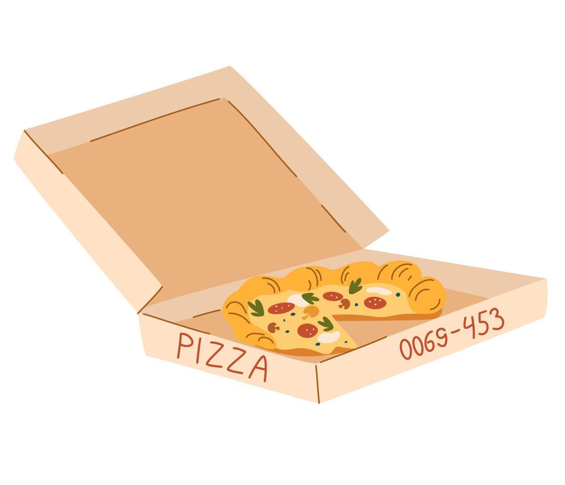 pizza dans une boîte en carton. livraison de nourriture. restauration rapide italienne chaude. colis de livraison en carton ouvert. illustration de dessin vectoriel à la main pour les impressions, les affiches, les dépliants et les invitations.