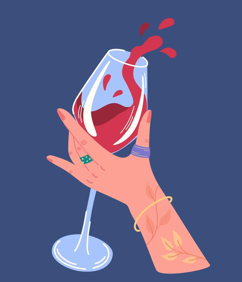 main tenant un verre de vin. acclamations ou boire un toast. verre à vin rouge dans la main féminine. célébration du succès. idéal pour l'impression de cartes postales et d'affiches. illustration vectorielle de dessin animé moderne. vecteur