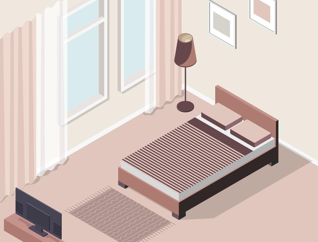 illustration isométrique vectorielle, intérieur 3d, chambre à coucher, salle de repos vecteur