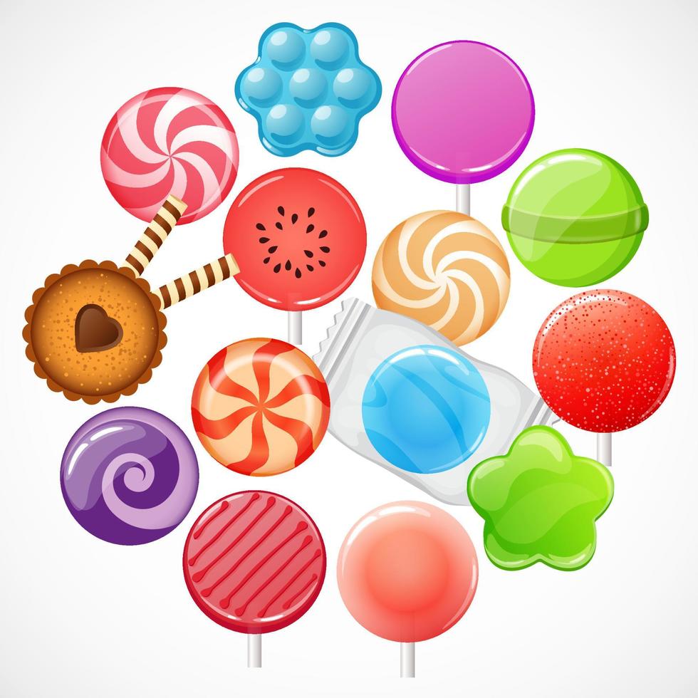 illustration vectorielle, jeu d'icônes de bonbons, sucettes, bonbons vecteur