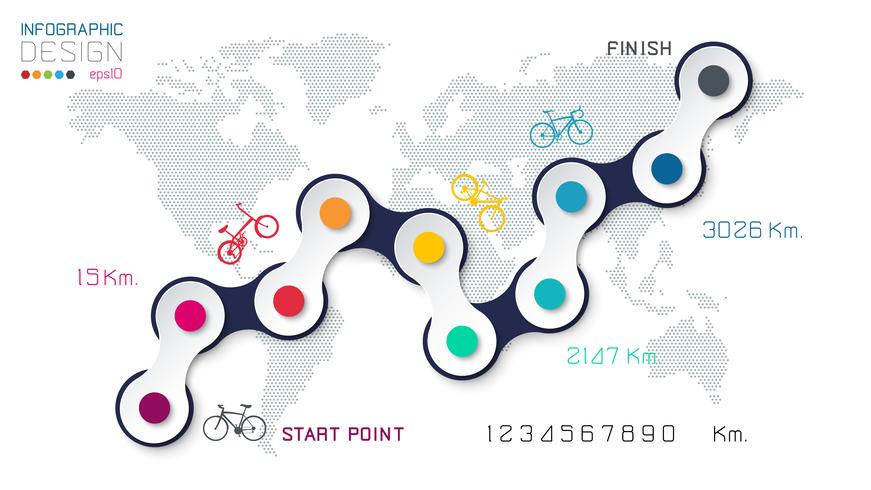 Chemin de bicyclette avec infographie icône affaires sur fond de carte mondial. vecteur