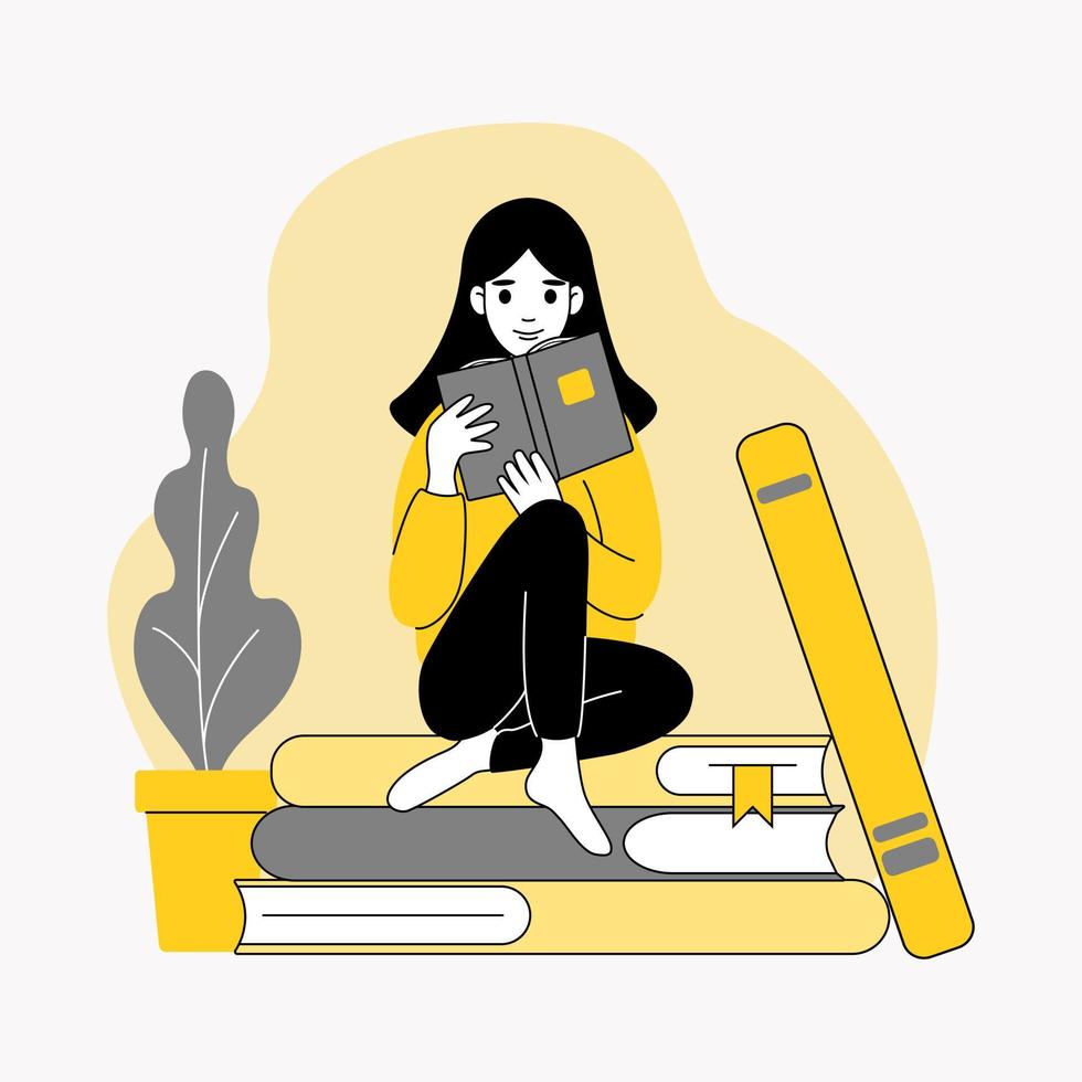 fille assise sur une pile de livres et de lecture. aperçu du personnage. repos, loisirs, temps libre. librairie, librairie, amoureux des livres, bibliothèque, bibliophile, concept d'éducation vecteur